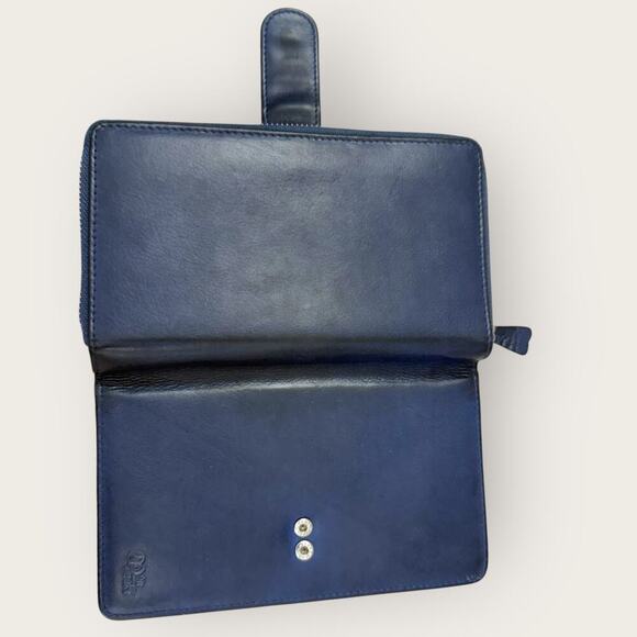 Mou Meraki RFID Leather Bifold Zippered Wallet Passport Creditcards Navy 8"X4.5" - Picture 4 of 12